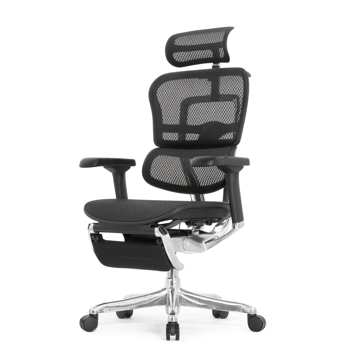 Эргономичное кресло Falto Ergohuman 2 Elite с подножкой (алюминий, наклон вперёд, сетка, чёрный)