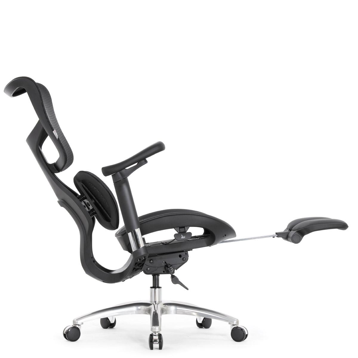 Эргономичное кресло Falto Scala Office с подножкой (разделённый поясничный упор, сетка, чёрный)
